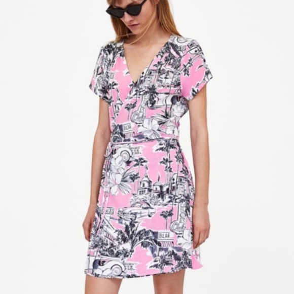 Zara Dresses & Skirts - NWOT Zara Pink Havana Beach Print Wrap Dress